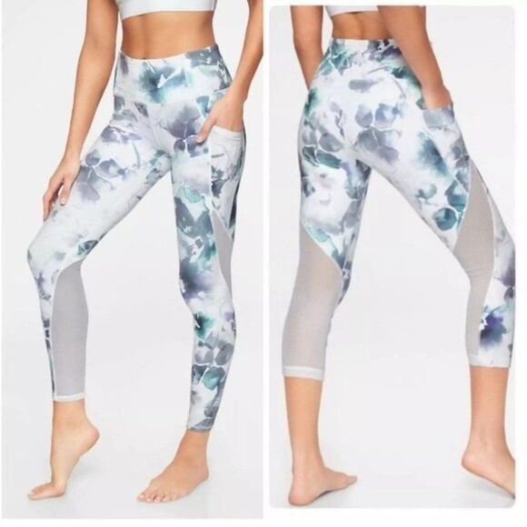 Athleta Size S Floral Mudra Capri Mesh Crop Leggings White Green Purple - Picture 1 of 12